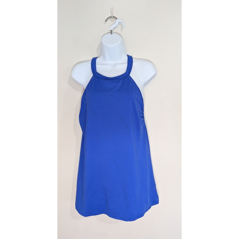 Lands End Size 6 High Neck Halter Back Tummy Control One Piece Swim Dress Blue